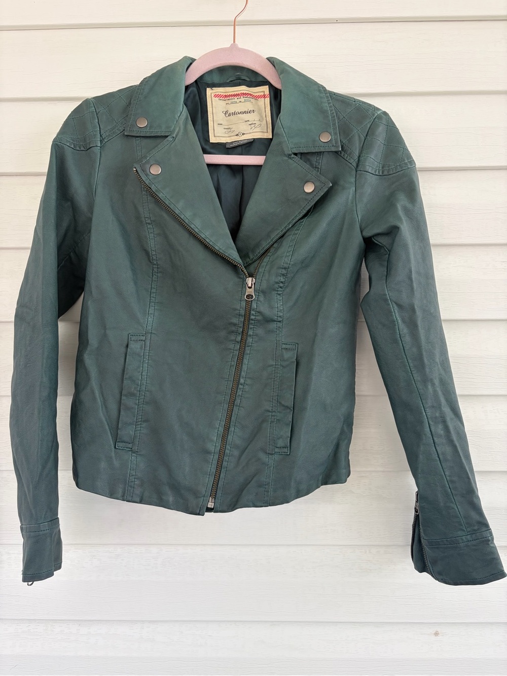 Anthropologie Faux Leather Moto Jacket Green Emerald Deep Teal Asymmetrical Zip